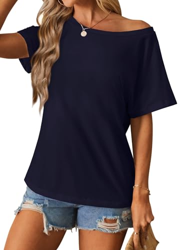 Image of Hilinker Womens Sexy Off The Shoulder Tops Short Batwing Sleeve T Shirt Oversized Casual Tee