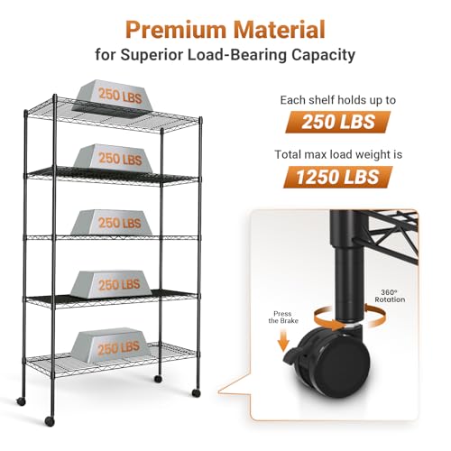 Image of Simple Deluxe Heavy Duty 5-Tier Storage Shelving Unit, 35.83 inch W x 13.98 inch D x 61.02 inch H, 1250 Lbs Loading Capacity, Black