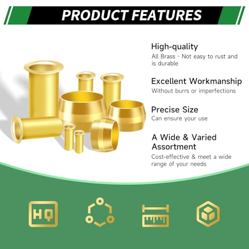 Japtend 460pcs Brass Compression Sleeves Ferrules Inserts Fittings Assortment Kit, 1/2" 3/8" 5/16" 1/4" 3/16" 1/8" 6 Sizes Hose Repair Kit of Air Water Fuel Oil Gas Tube Lines