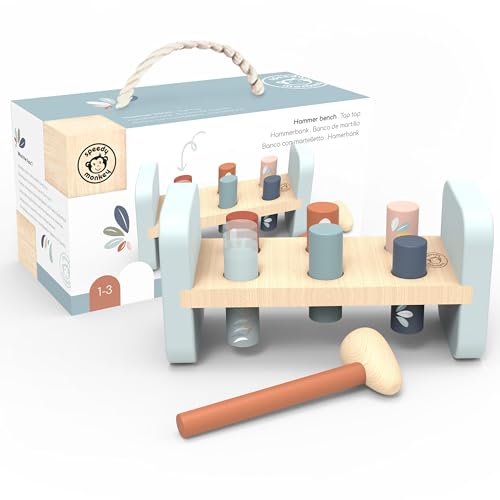 SPEEDY MONKEY Tap Tap Hammer Bench - Includes 6 Coloured Wooden Pegs & Sturdy Hammer. Reversible Fun Toys for 2 Year Old Boy & Girls! Safe & Gentle Edges, Non-Toxic Paint, FSC Sustainable Wood