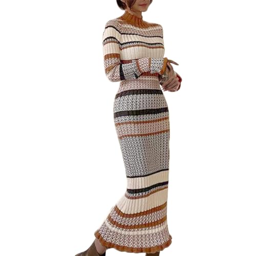 Womens Sweater Dresses Turtleneck Long Sleeve Retro Rib Knit Casual