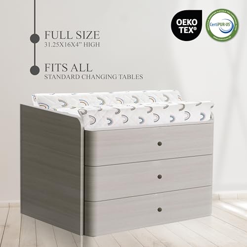 Image of Organic Cotton Covered Contoured Baby Changing Pad | Waterproof Foam Mattress, Soft, Removable & Washable Cover, Safety Strap, Non-Slip Bottom, Topper for Standard Size Infant Diaper Table & Dresser