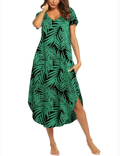 Image of Ekouaer Long Nightgowns for Women Short Sleeve House Dress with Pockets V Neck Sleepshirts Side Split Sleepwear S-4XL