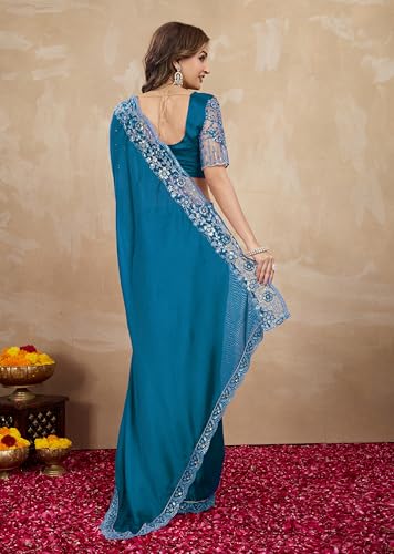 Image of TRENDMALLS Women's Designer Rangoli Silk Embroidered Saree with Floral Cutwork Border, Sequin Work and Unstitched Blouse Piece For Women