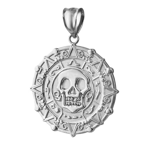 LA BLINGZ Sterling Silver Aztec Coin Pirates Skull Pendant Necklace