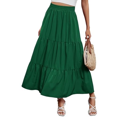 Arolina Maxi Skirt for Women Summer Boho Elastic High Waist Pleated A-Line Flowy Ruffle Swing Tiered Long Beach Skirt Dress Small Darkgreen