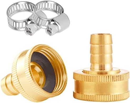 Uenede 2PCS Solid Brass 5/8" Barb x 3/4"GHT Female Garden Hose End Connector Splicer Mender Repair Fitting Include 2 Stainless Steel Clamps