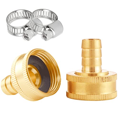 Uenede 2Pcs Solid Brass 5/8" Barb X 3/4"Ght Female Garden Hose End Connector Splicer Mender Repair Fitting Include 2 Stainless Steel Clamps #TOP2