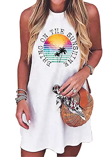Image of Sun Salt Sand Coconut Tree Tank Mini Dress for Women Sleeveless Beach Praty Shirts Summer Vacation Short Mini Dresses