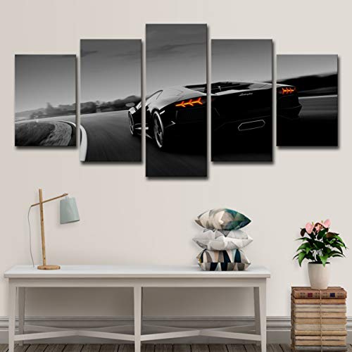 Walkking Ways 5 Panel Wall Art Black Sports Car Driving On The Road Canvas Print Oil Painting Wall Picture On Canvas For Home Decoration Living Room Modern Artwork #TOP3