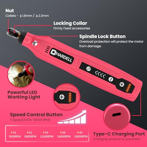 Image of HARDELL Mini Cordless Rotary Tool, 5-Speed 3.7V Rechargeable Rotary Tool Kit with 129Accessories, USB Charging Multi-Purpose DIY Tool for Sanding, Polishing, Drilling, Engraving, Woodworking(Pink 129)