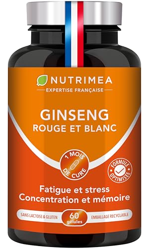 GINSENG - Rouge et Blanc - Extrait Titré 5:1- Dosé à 20% en Ginsénosides - Réduction de la Fatigue - Aide à la Concentration - 60 Gélules - Nutrimea -...