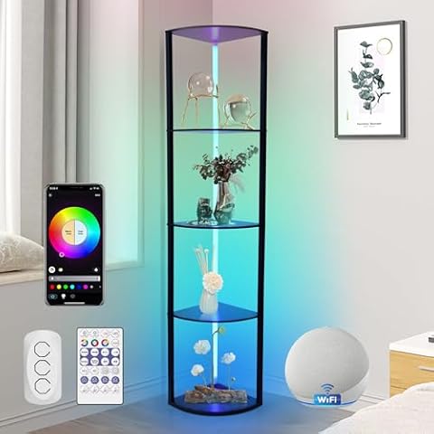 5 Tiers Corner Shelf with Light, WIFI RGB LED Floor Lamp Compatible with Alexa, Smart App and Remote Control, Corner Display Cabinet with Storage Rack for Collectibles Curio Living Room Bedroom Home Cover