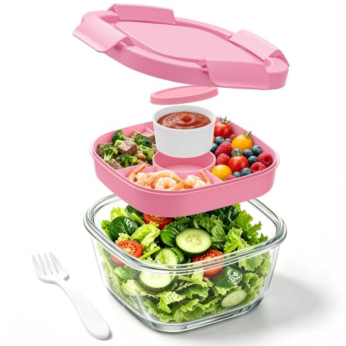 Image of Glass Salad Container,56oz Salad Bowl To Go for Lunch with Airtight Lid,Leak-Proof Sauce Container,4-Compartment Bento Tray & Reusable Fork - BPA-Free Glass Lunch Box for Meal Prep,Office（Pink）