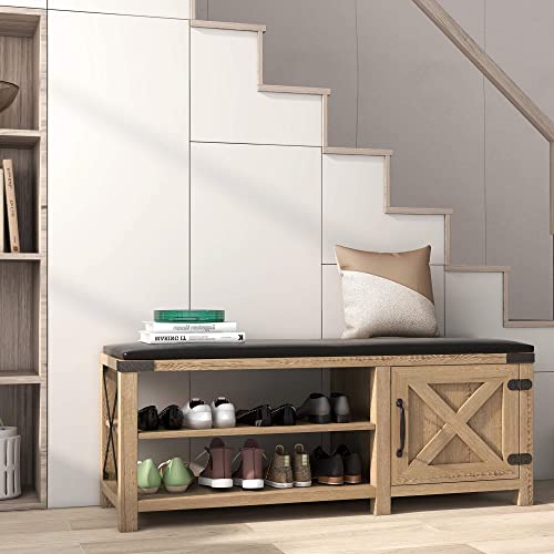 Rustic Brown Shoe Bench Entryway with Storage, Shoe Rack Bench with Cushion Seat, Farmhouse 2-Tier Shoe Storage Bench for Entryway Bedroom, Hallway, Living Room