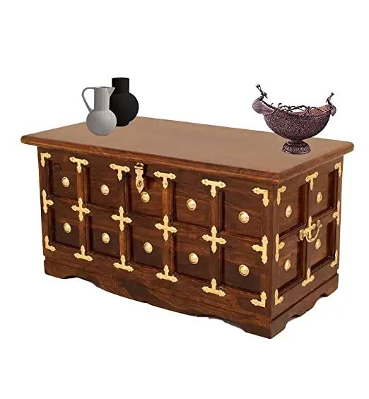 Khatu Decor Solid Sheesham Wood Boho Trunk Brass Gall and Box for