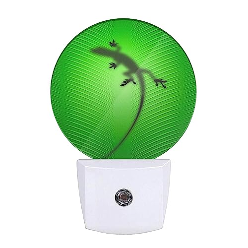 Image of Gecko Lizard Night Lights Plug into Wall Silhouette of Lizard Behind Green Leaf LED Dusk to Dawn Plug-in Nightlight Auto Sensor for Bedroom Bathroom Hallway Living Room