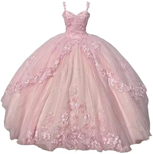 Long Tulle Sweet 16 Quinceanera Dresses Ball Gown Sweetheart 3D Lace Applique Prom Dress