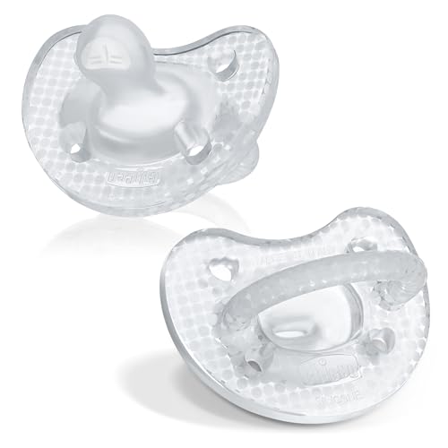Image of Chicco PhysioForma Luxe Silicone One Piece Pacifier for Babies Aged 0-6m | Fashion Textured Shield | BPA & Latex Free | Reusable Sterilizing Case | Crystal, 2pk