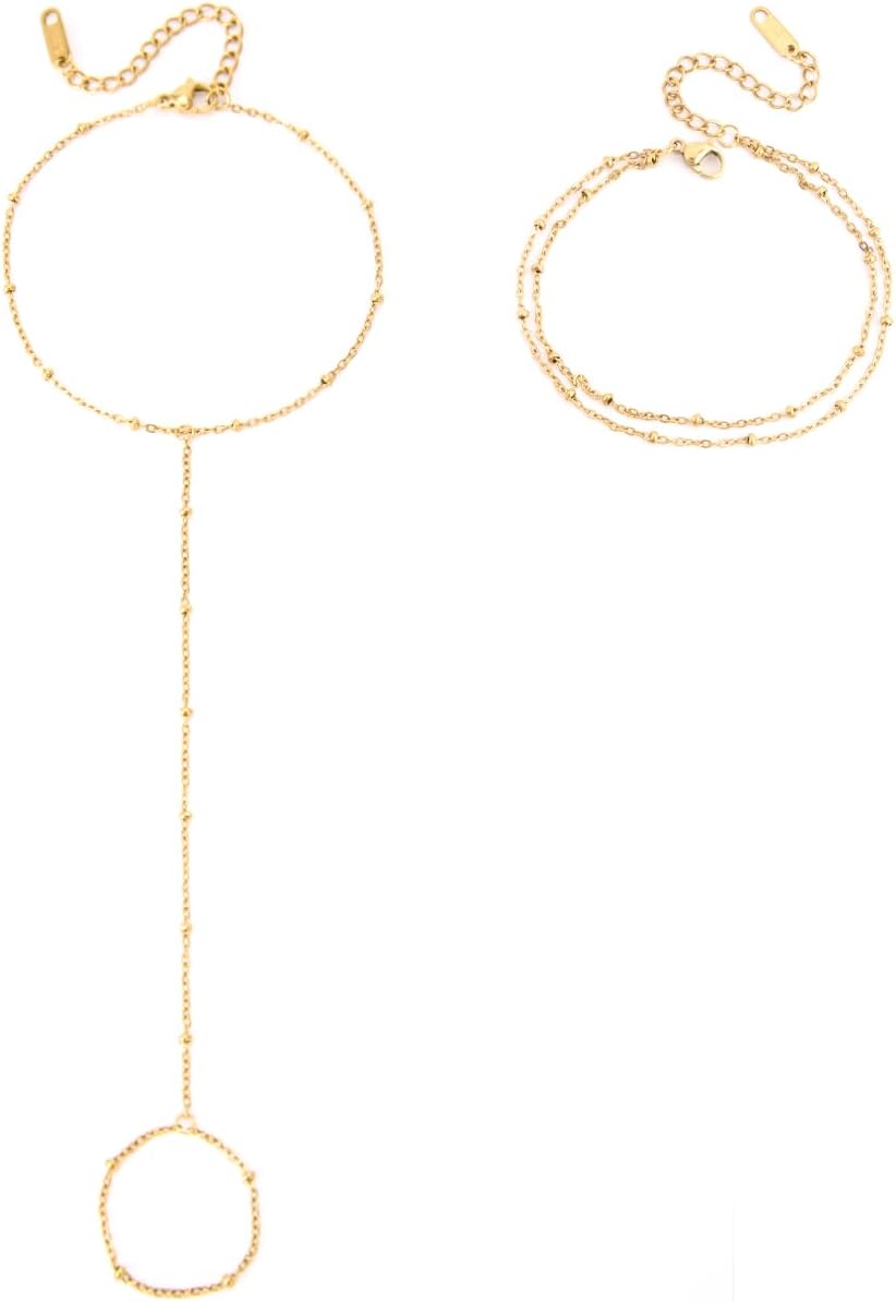 18K Gold Plated Hand Chain Bracelet for Women, Dainty Adjustable Finger Ring Bracelets Stainless Steel Non-Tarnish Trendy Summer Stackable Jewelry