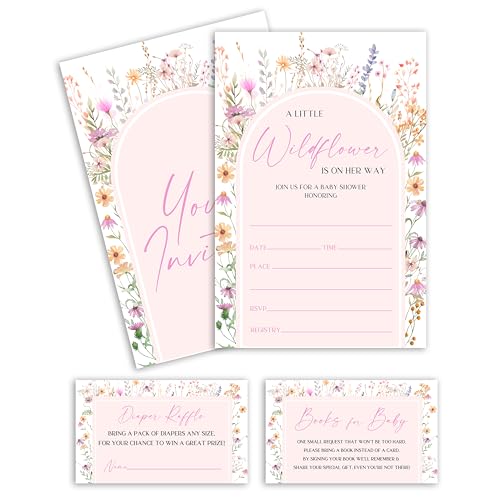 FTRZX Blush Pink Wildflowers Baby Shower Invitation Cards, Set Of 25 Diaper Raffle Card, Book Cards With Envelopes, Gender Reveal Party Invites, Gender Neutral Party Decorations, C03