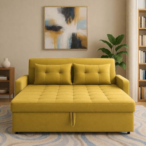 Image of Casaliving Treshta Pull-Out Premium Fabric Sofa Cum Bed Sofa Set for Living Room Premium Fabric Sofa Set for Living Room Sofa Cum Bed (Yellow, 2 Seater)