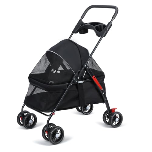 euppaury Pet Stroller 4 Wheels Medium Small Dog Cat Strollear, Outdoor Folding Portable Travel Dog Cat Strollear with Cup Holder ﻿ 1 Set