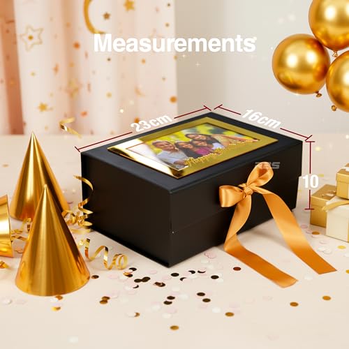 Image of RBS - Gift Box (23 x 16 x 10 cm) Cardboard Personalized Gift Boxes for Packaging (1Pack) Multipurpose Hamper Box Empty Packing Gift Boxes for Birthday Holds Upto 5kg (Gold Birthday Frame Script Font)