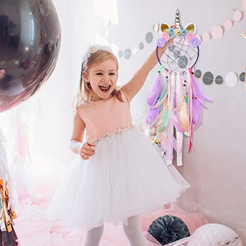Beinou Unicorn Dream Catcher Colorful Feather Dream Catchers Handmade Flowers Dream Catchers DIY Dream Catcher for Girls Kids Nursery Bedroom Wall Hanging Decoration Blessing Gift