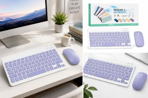 Image of Purple Colour Wireless Bluetooth Keyboard and Mouse Combo, Rechargeable Slim Multi-Device Keyboard with Bluetooth, Mouse with Bluetooth & 2.4G USB Receiver. (Black)