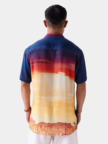 Image of The Souled Store Official DC: Caped Crusader Mens and Boys Relaxed fit Graphic Printed Half Sleeve Rayon Multicolored Holiday Shirts (217670) Holiday Shirts Fashionable Trendy Graphic Prints Pop