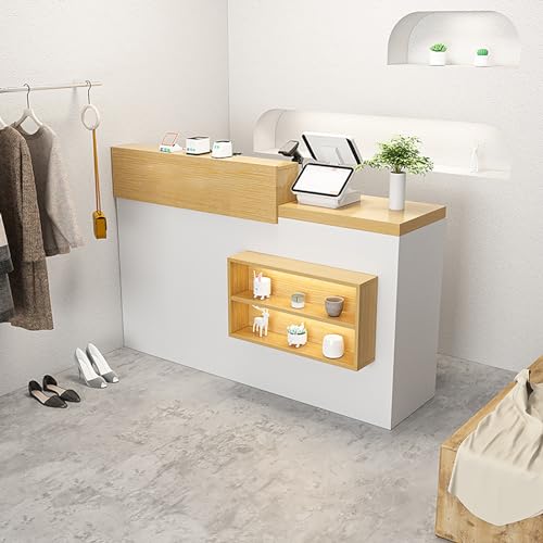 Modern Reception Counter with Storage Space Double Tier Checkout Desk for Commercial Use Standing Reception Desk for Businesses Stylish Cashier Counter