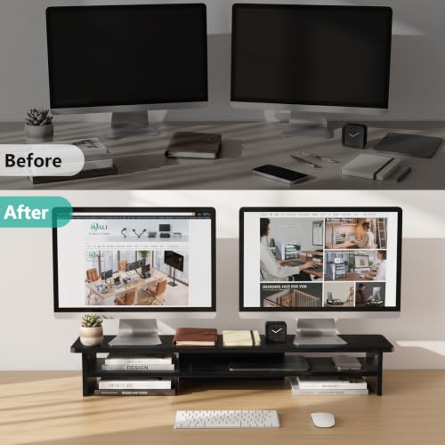Image of WALI 42 inch Large Wood Dual Monitor Stand Riser with Storage, up to 88lbs | Multi-Purpose Computer Stands, 2 Tier Desktop Organizer Desk Shelf for Home Office PC, Laptop, Printer, TV (WTT001), Black