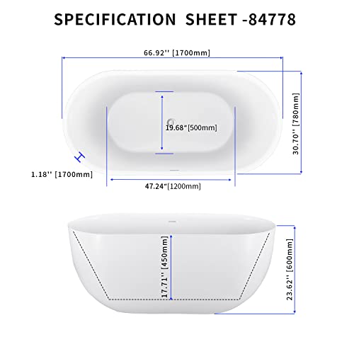 Mokleba 67" Acrylic Freestanding Bathtub, Elegant Oval Free Standing Tub, Soaking Tub With Integrated Slotted Overflow, Toe-Tap Chrome Drain, Cupc Certified, Glossy White #TOP2
