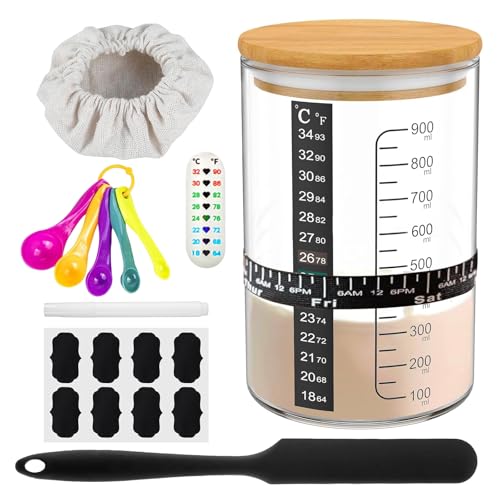 9 Stück Sauerteig Starter Set, 900ml Sourdough-Gärglas mit Holzdeckel, Gummiband, Thermometerpapier, 8 Etiketten, Stift, Silikon-Spatel, Stoffhut, Sauerteigbehälter für Brotbacken, Fermentieren