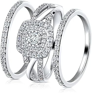 MDFUN Three-in-One Square Halo Wedding Band Set Engagement Ring 18K White Gold Plated Cubic Zirconia Promise Eternity Ring for Women Size 7