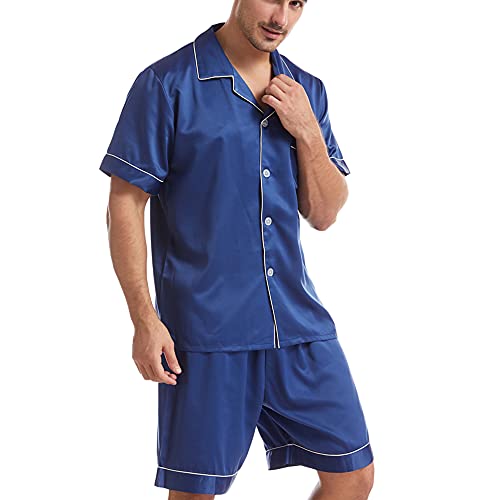 Silk Satin Pajamas Sets for Mens,Short Sleeve Sleepwear Button-Down PJs Sets 2 Pieces Loungewear with Pockets3