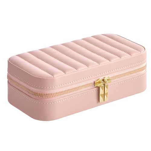 SONGMICS HOME ANAH Coleção - caixa de jóias de viagem, estojo pequeno para jóias com espelho, 10,5 x 20,5 x 6 cm, superfície PU com costuras, portátil, fecho de correr, ideia de presente, geleia rosa