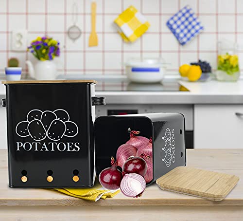 Image of Kitchen Vegetable Storage Tins Set of 2, Onion and Potato Storage Bins with Wooden Lid and Aerating Holes, Garlic Bin Caddy, Vintage Kitchen Decor, Black