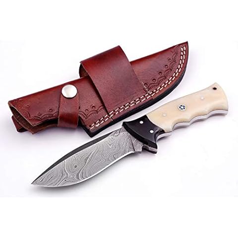 Custom Handmade Damascus Steel Camping Knife with Leather Sheath Cover