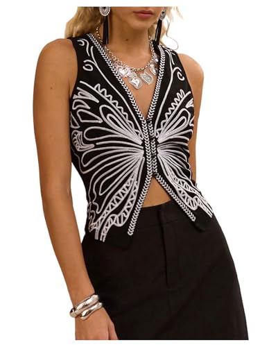 WDIRARA Womens Butterfly Graphic Tank Top Button Front Sleeveless V Neck Going Out Tops Black Medium