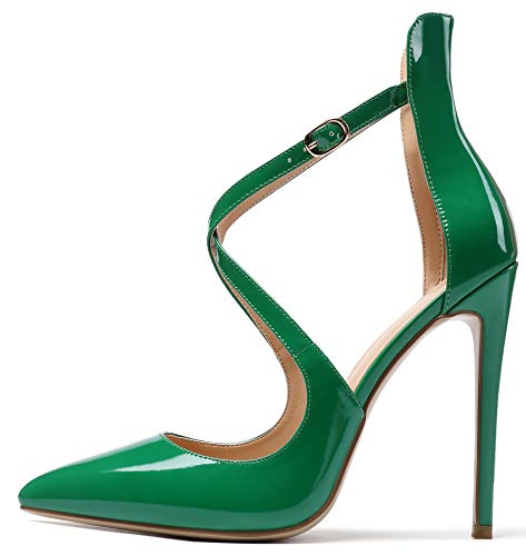 SAMMITOP Women's Pointed Toe Ankle Strap High Heels Fashion Stilettos Shoes Green US9