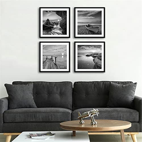 Black And White Wall Art - Sea And Beach In Sunrise Prints Wooden Framed 12X12 Inches Pictures Seascape Artwork 4PCS Boat Scenery Card Paper Paintings Decorations For Bedroom Living Room Kitchen Decor - 3