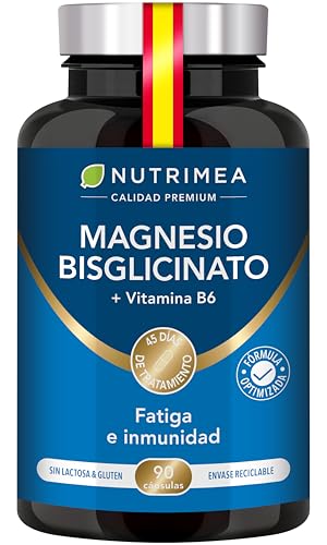 Magnesio Bisglicinato + Vitamina B6 Activa - Máxima Absorción y Tolerancia - Estrés, Fatiga y Calambres - Apoyo Muscular y Nervioso - Vegano, Sin Gluten ni Lactosa - 90 Cápsulas - Nutrimea