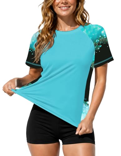 Image of AOBUTE Women Short Sleeve Rash Guard UPF 50+ Tropical Sun Protection Floral Swim Shirts