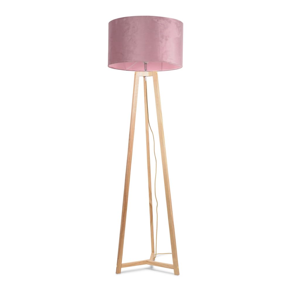 ValueLights | Natural Wood Tripod Floor Lamp with Blush Pink Velvet Drum Lampshade Living Room Light | Floor Lamps, Home Décor & Improvement Essential | Included LED Bulb