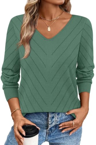 Image of WIHOLL Sweaters for Women V Neck Casual Knit Long Sleeve Tops Lightweight Pullover Clothes Fall Fashion Outfits 2026