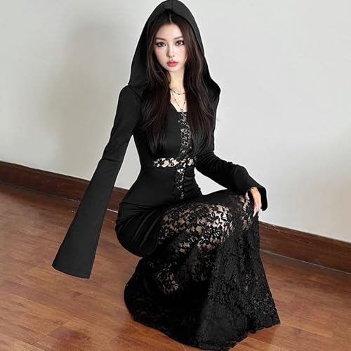 Goth Dark Women's Retro Sexy Dress Religious Style Black Cross lace Slim fit Hooded subculture Clothing2