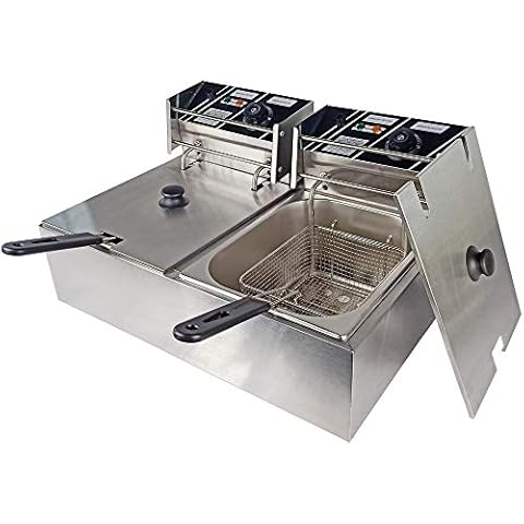 TAIMIKO Electric Deep Fryer Commercial Double Tank Deep Fat Fryer Stainless Steel Chip Fryer Countertop 6Lx2 5000W with Lids Cover