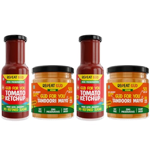 Image of REPEAT GUD Healthy Sauces (Tomato Ketchup, Tandoori Mayonnaise) | No Refined Sugar, Made With Jaggery | No preservatives | GUD For Kids | 100% Natural Ingredients & Chemical free (Pack of 4)